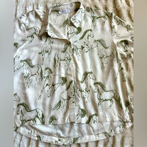 Jane + Delancey Horse Linen Button Down Shirt Women’s Sz Large Boho